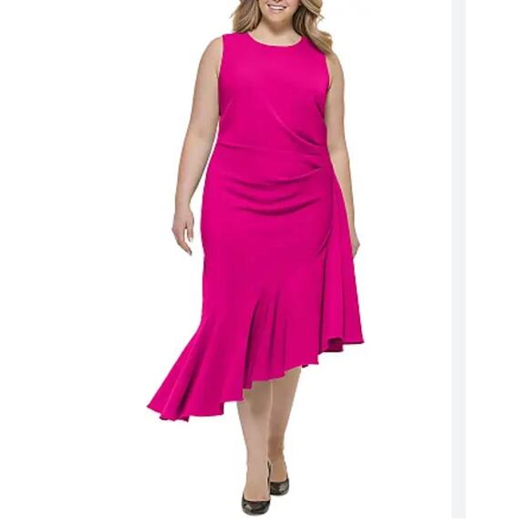 Eliza J Sleeveless Asymmetrical Hem Side Ruffle Sheath Dress | Plus 22W Pink - Picture 1 of 8